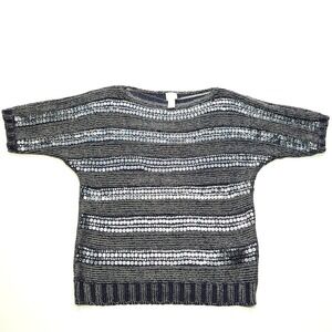 Chicos Sweater Women 2 L‎ Navy Blue Metallic Knit Sequin Short Sleeve Pullover
